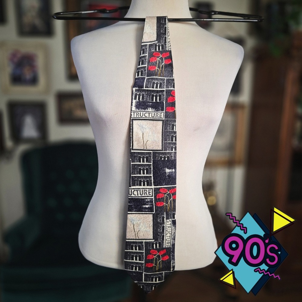 Structure Silk Tie Vintage 90s Mens Geometric Abstract Art Deco Black Red USA